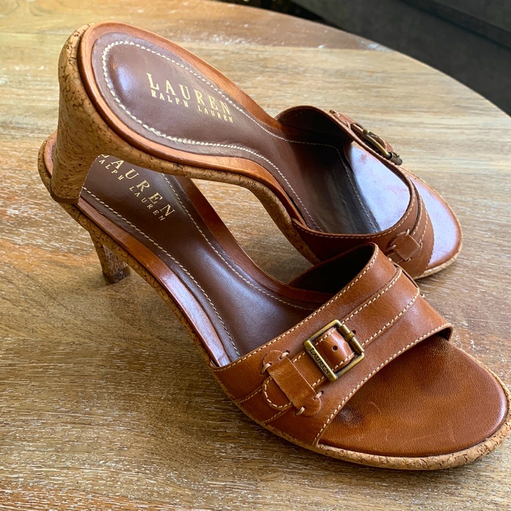 EUC RALPH LAUREN Hattie‎ Brown Leather Cork Heel Mules, 8.5